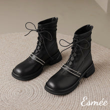 Load image into Gallery viewer, Black-Leather-Marten-Boots-with-Diamond-Designed-Straps-product-shots
