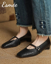 Load image into Gallery viewer, Black-Leather-Maryjanes-with-Woven-Design-model-shots
