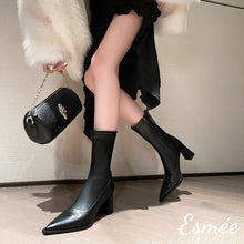 Load image into Gallery viewer, Black-Leather-Mid-Boots-with-Leather-Toe-and-Heel-Cap-model-shots
