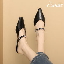 Load image into Gallery viewer, Black-Leather-Mules-with-Rhinestone-Chain-Design-model-shots
