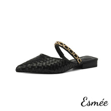 將圖片載入圖庫檢視器 Black-Leather-Mules-with-Woven-and-Golden-Chain-Design-product-shots-white-background
