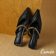 Load image into Gallery viewer, Black-Leather-Mules-with-Woven-and-Golden-Chain-Design-product-shots
