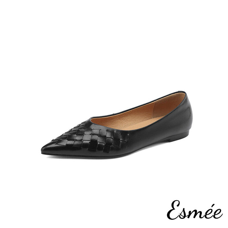 Leather Pointed Toe Flats with Woven Design