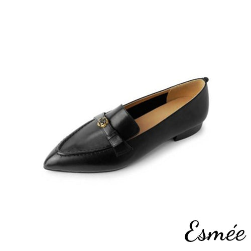 Black-Leather-Pointed-Toe-Loafers-with-Metallic-Flower-Design-product-shots-white-background