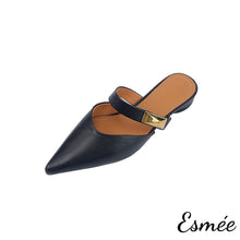 將圖片載入圖庫檢視器 Black-Leather-Pointed-Toe-Mules-with-Metal-Buckle-Design-product-shots-white-background
