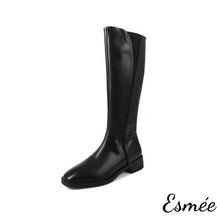 Load image into Gallery viewer, Black-Leather-Riding-Long-Boots-with-V-Shaped-Ribbon-Design-product-shots-white-background
