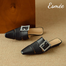 Load image into Gallery viewer, Black-Leather-Roman-Mules-with-Diamond-Buckle-product-shots
