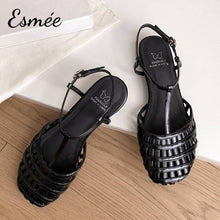 將圖片載入圖庫檢視器 Black-Leather-Roman-Sandals-with-T-Strap-Design-product-shots
