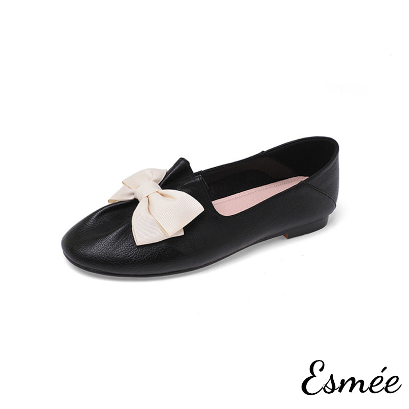 Black-Leather-Round-Toe-Loafers-with-Ivory-Bow-Knot-product-shots-white-background