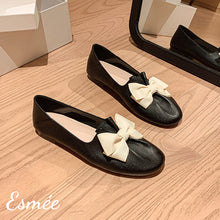 Load image into Gallery viewer, Black-Leather-Round-Toe-Loafers-with-Ivory-Bow-Knot-product-shots
