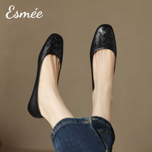 Load image into Gallery viewer, Black-Leather-Rounded-Toe-Flats-with-Woven-Design-model-shots
