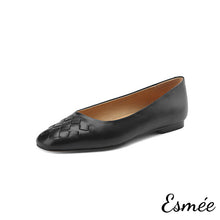 Load image into Gallery viewer, Black-Leather-Rounded-Toe-Flats-with-Woven-Design-product-shots-white-background
