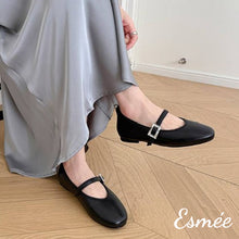 Load image into Gallery viewer, Black-Leather-Rounded-Toe-Maryjanes-with-Rhinestone-Buckle-Design-model-shots
