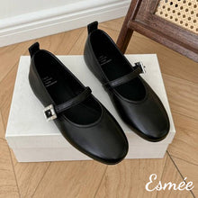 Load image into Gallery viewer, Black-Leather-Rounded-Toe-Maryjanes-with-Rhinestone-Buckle-Design-product-shots
