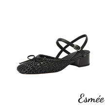 Load image into Gallery viewer, Black-Leather-Sandals-with-Net-Design-and-Bow-Knot-product-shots-white-background
