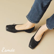 Load image into Gallery viewer, Black-Leather-Squared-Toe-Ballets-with-Vintage-and-Bow-Knot-Design-model-shots
