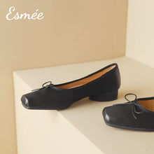 Load image into Gallery viewer, Black-Leather-Squared-Toe-Ballets-with-Vintage-and-Bow-Knot-Design-product-shots
