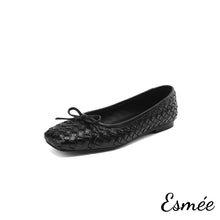 Load image into Gallery viewer, Black-Leather-Squared-Toe-Flats-with-Woven-Design-product-shots-white-background
