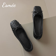 Load image into Gallery viewer, Black-Leather-Squared-Toe-Flats-with-Woven-Design-product-shots
