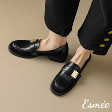 Load image into Gallery viewer, Black-Leather-Suede-Loafers-with-Metal-Buckle-Design-model-shots
