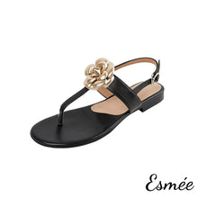 Load image into Gallery viewer, Black-Leather-T-Straps-Sandals-with-Golden-Flower-Design-product-shots-white-background
