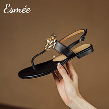 Load image into Gallery viewer, Black-Leather-T-Straps-Sandals-with-Golden-Flower-Design-product-shots
