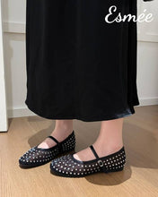 Load image into Gallery viewer, Black-Mesh-Fabrics-Maryjanes-with-Rhinestone-Design-model-shots
