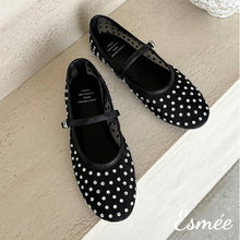 Load image into Gallery viewer, Black-Mesh-Fabrics-Maryjanes-with-Rhinestone-Design-product-shots
