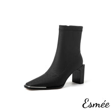 Load image into Gallery viewer, Black-Metallic-Leather-Ankle-Boots-with-Thin-Block-Heels-product-shots-white-background
