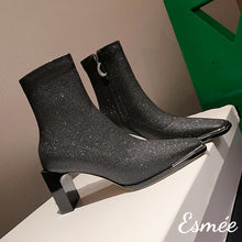 Load image into Gallery viewer, Black-Metallic-Leather-Ankle-Boots-with-Thin-Block-Heels-product-shots
