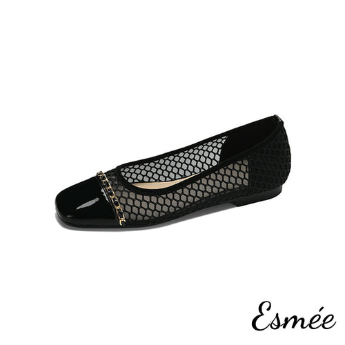 Black-Net-Fabrics-Flats-with-Patent-Leather-Toe-Cap-and-Chain-Design-product-shots-white-background