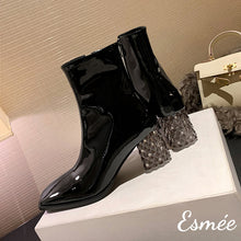 Load image into Gallery viewer, Black-Patent-Leather-Ankle-Boots-with-Transparent-Heels-product-shots
