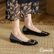 Load image into Gallery viewer, Black-Patent-Leather-Flats-with-Metal-Buckle-model-shots
