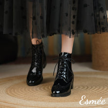 Load image into Gallery viewer, Black-Patent-Leather-Marten-Boots-with-Brogue-Design-model-shots
