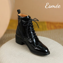 Load image into Gallery viewer, Black-Patent-Leather-Marten-Boots-with-Brogue-Design-product-shots
