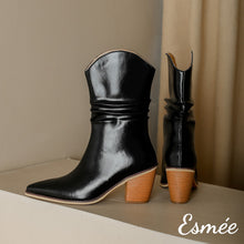 Load image into Gallery viewer, Black-Shiny-Leather-Cowboy-Mid-Boots-with-Block-Heels-product-shots
