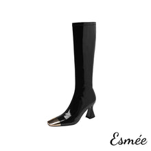 Load image into Gallery viewer, Black-Shiny-Leather-High-Heel-Long-Boots-with-Golden-Toe-Cap-product-shots-white-background
