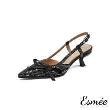 Load image into Gallery viewer, Black-Silk-High-Heel-Slingback-with-Rhinestone-Design-product-shots-white-background
