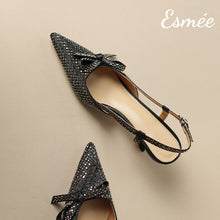 Load image into Gallery viewer, Black-Silk-High-Heel-Slingback-with-Rhinestone-Design-product-shots
