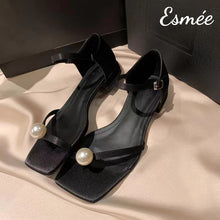 Load image into Gallery viewer, Black-Silk-Sandals-with-Pearl-Design-product-shots
