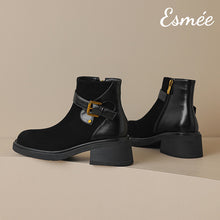 Load image into Gallery viewer, Black-Suede-Ankle-Boots-with-Leather-Buckle-Straps-product-shots
