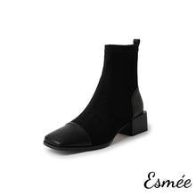 Load image into Gallery viewer, Black-Suede-Ankle-Boots-with-Leather-Square-Toe-Cap-product-shots-white-background
