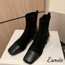 Load image into Gallery viewer, Black-Suede-Ankle-Boots-with-Leather-Square-Toe-Cap-product-shots
