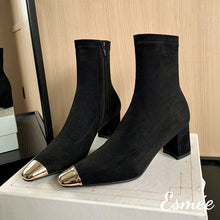 Load image into Gallery viewer, Black-Suede-Ankle-Boots-with-Metallic-Toe-Cap-and-Block-Heels-product-shots
