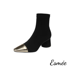 Load image into Gallery viewer, Suede Ankle Boots with Metallic Toe Cap and Cylinder Heels
