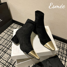 Load image into Gallery viewer, Suede Ankle Boots with Metallic Toe Cap and Cylinder Heels
