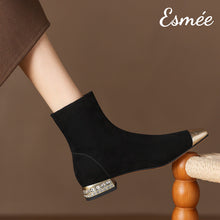 Load image into Gallery viewer, Black-Suede-Ankle-Boots-with-Metallic-Toe-Cap-and-Rhinestone-Heels-model-shots
