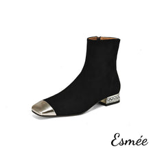 將圖片載入圖庫檢視器 Black-Suede-Ankle-Boots-with-Metallic-Toe-Cap-and-Rhinestone-Heels-product-shots-white-background
