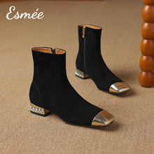 Load image into Gallery viewer, Black-Suede-Ankle-Boots-with-Metallic-Toe-Cap-and-Rhinestone-Heels-product-shots
