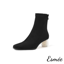 Load image into Gallery viewer, Black-Suede-Ankle-Boots-with-Pearl-Heels-product-shots-white-background
